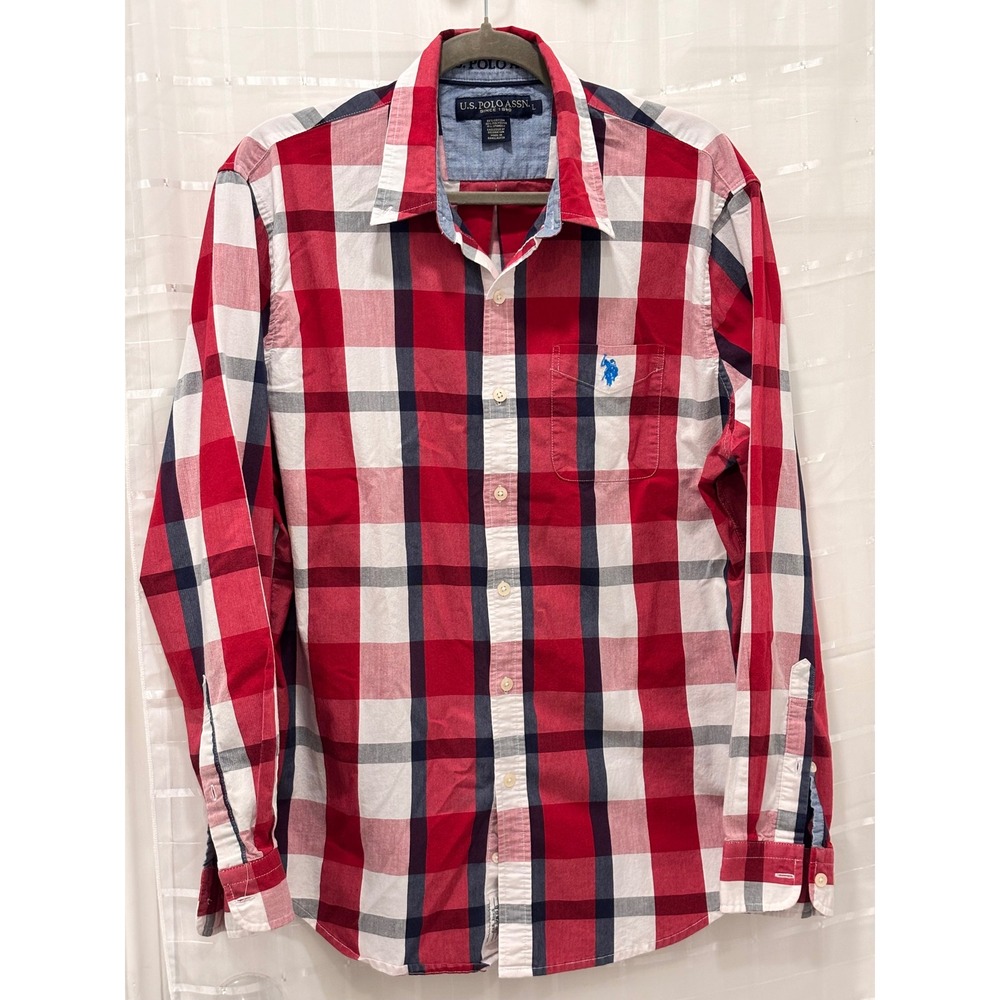US Polo Assn Mens Large Red White Blue Plaid Long Sleeve Button Down Shirt